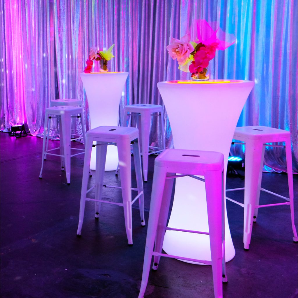 Glow cocktail bar tables with white tolix stools