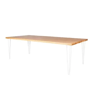 white hairpin banquet table with natural timber top