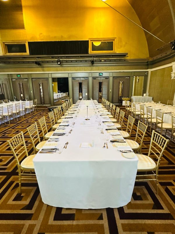 wedding reception, gold tiffany chairs, trestle tables