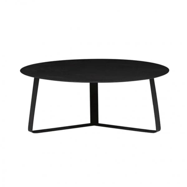 black round coffee table hire with three connected legs