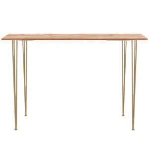 Gold hairpin tapas table with natural timber top and gold legs