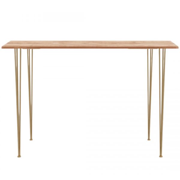 Gold hairpin tapas table with natural timber top and gold legs