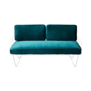 white wire two seater sofa with emerald green velvet cushions 