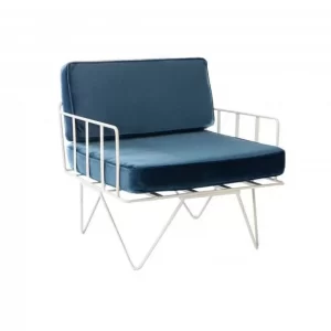 white wire armchair with navy blue cushions hire