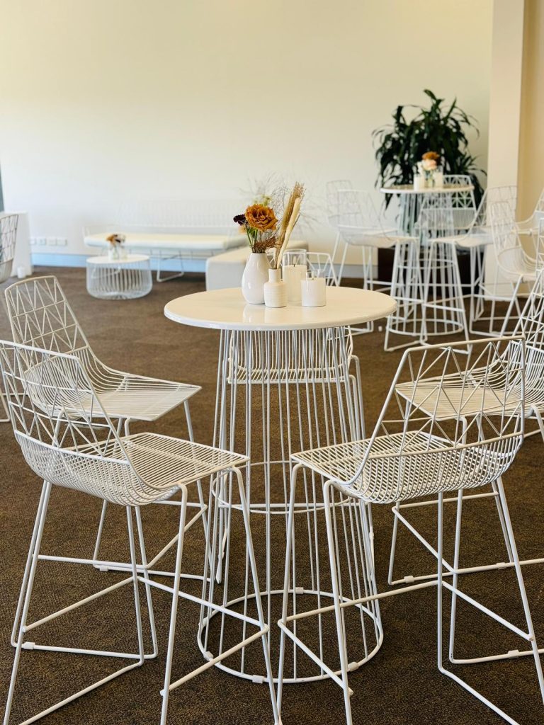 white wire cocktail stools and cocktail table