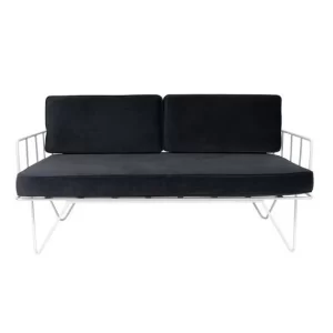 white wire two seater sofa with black velvet cushions 