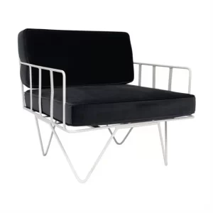 White wire arm chair with black velvet cushions