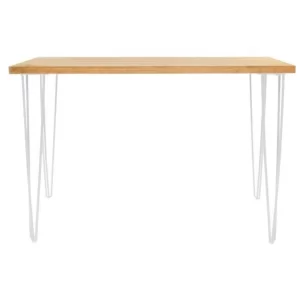 white hairpin Tapas table with natural timber top and gold legs