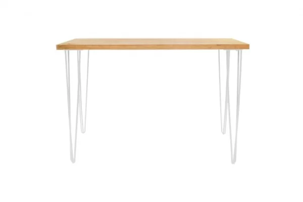 white hairpin Tapas table with natural timber top and gold legs