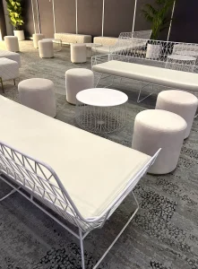 white wire lounge, white ottoman stool