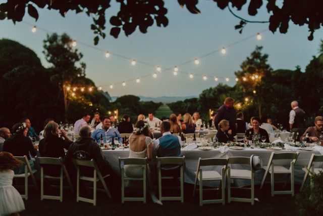 outdoor wedding with festoon lights